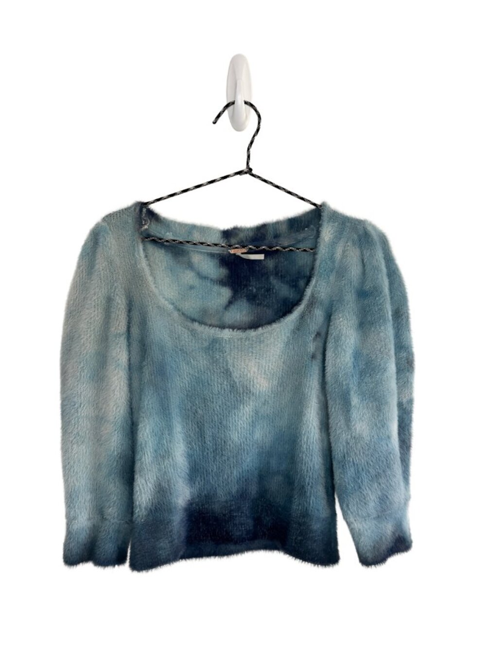 Free People Moombeam Blue Ombre Fuzzy Cropped Half Sleeve Square Neck Sweater